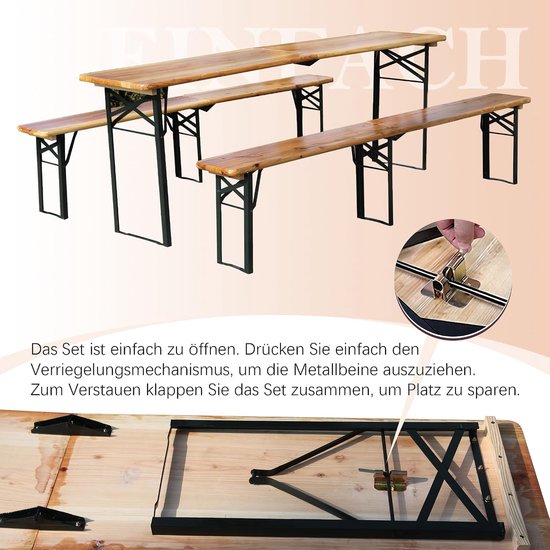 Opvouwbare biertentset 220 cm, 3-delig: 1 klaptafel + 2 bierbanken, weerbestendig massief grenenhout, ruimtebesparend, tot 200 kg, biertafelset feesttenttuin — afbeelding 2
