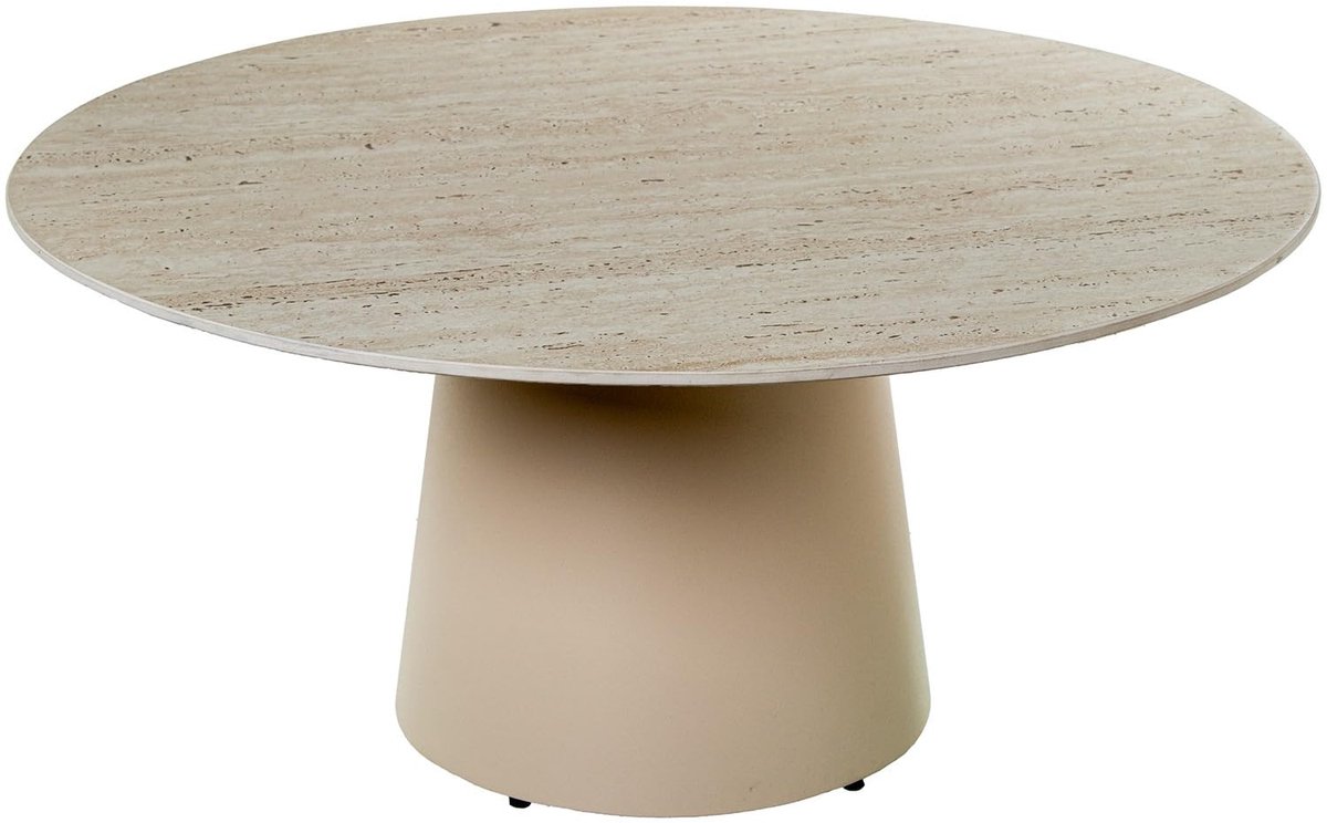 SnelShoppen - Ronde bijzettafel van keramiek met metalen sokkel in beige, 80 x 80 x 38 cm - Modern design voor woonkamer, tuin of terras