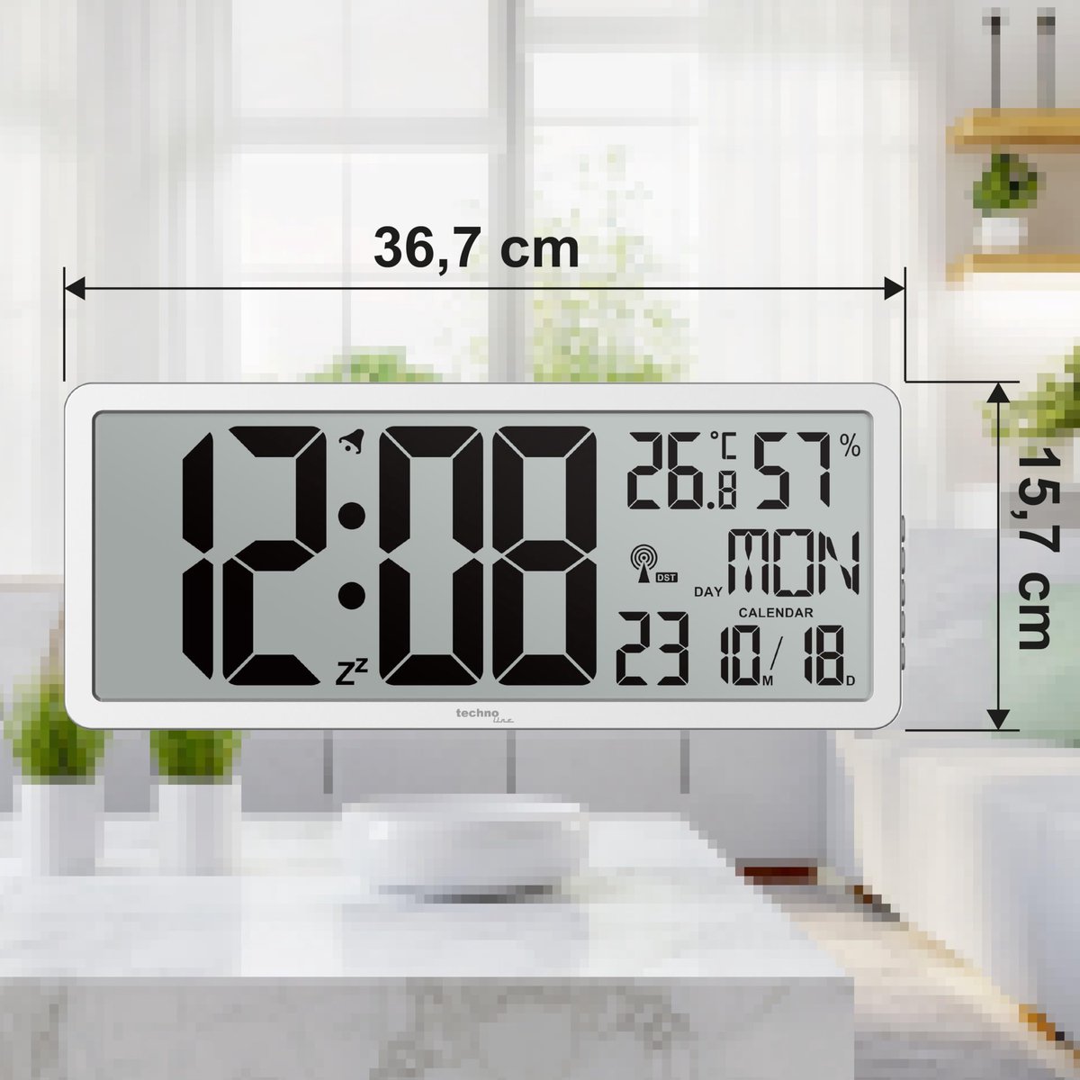 SnelShoppen - Moderne digitale radiowandklok met groot display, slank zilver frame, temperatuur, luchtvochtigheid, datum en dag van de week - 36,9 cm