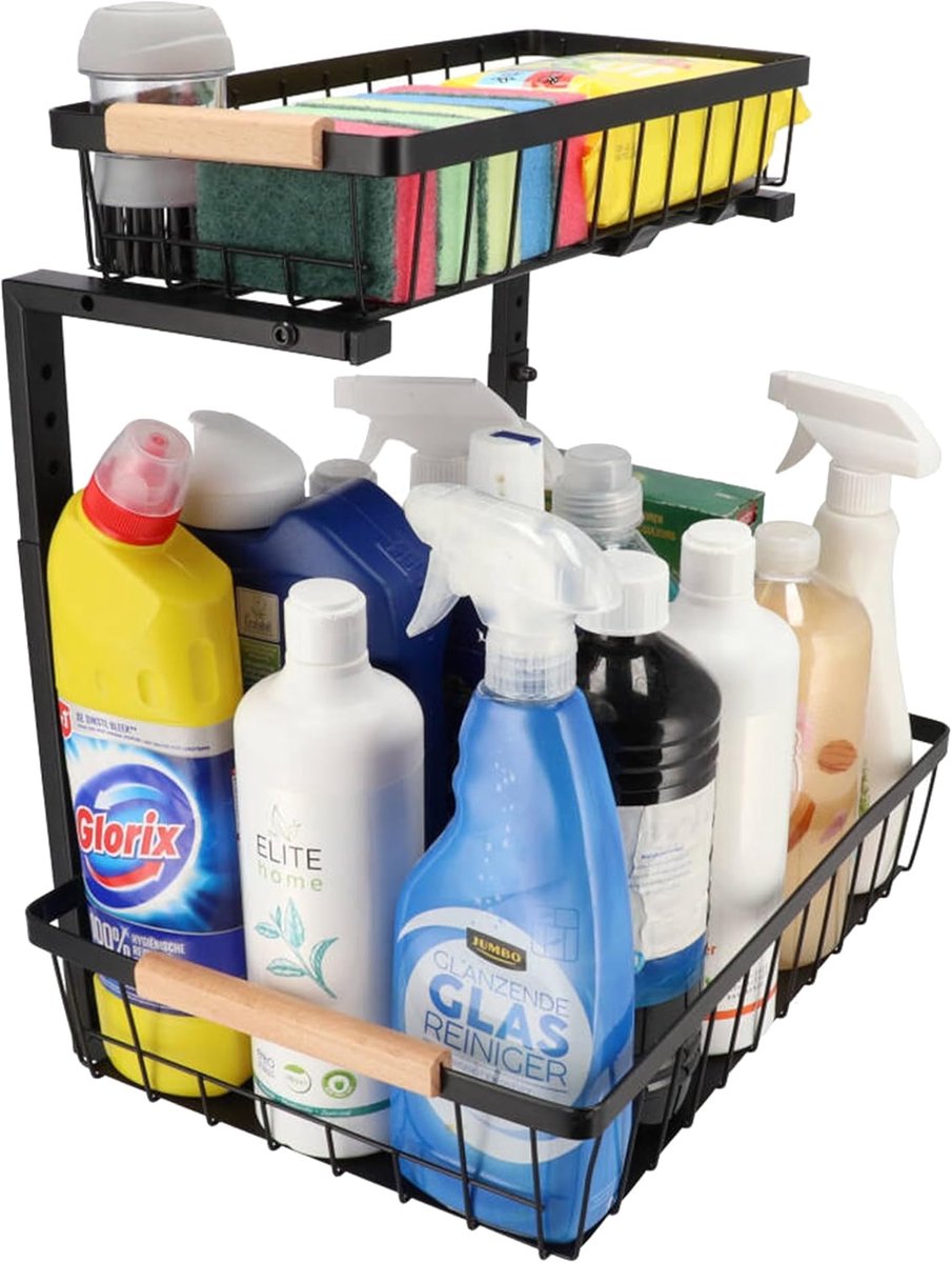 SnelShoppen - Gootsteenkast organizer M - Verstelbaar 2-laags gootsteenrek - Zwart - Extra sterk tot 25 kg - Perfecte badkamer & keuken kast organizer