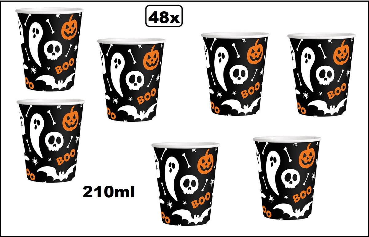 48x Beker Halloween boo 210ml - karton - Diner eten knoeien restaurant Halloween griezel spook tocht