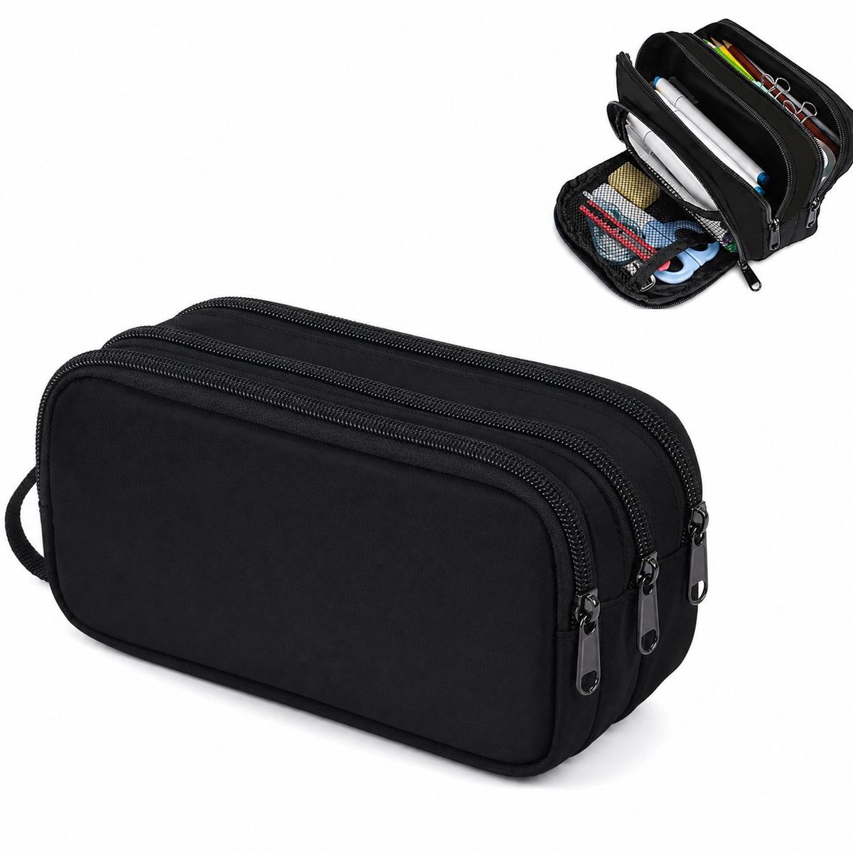 VHV - Grote Etui - Zwart - Ruime Pennenzak met 3 Compartimenten - Grote Capaciteit Stationery Pouch voor School & Kantoor - Stijlvolle Potlodenetui