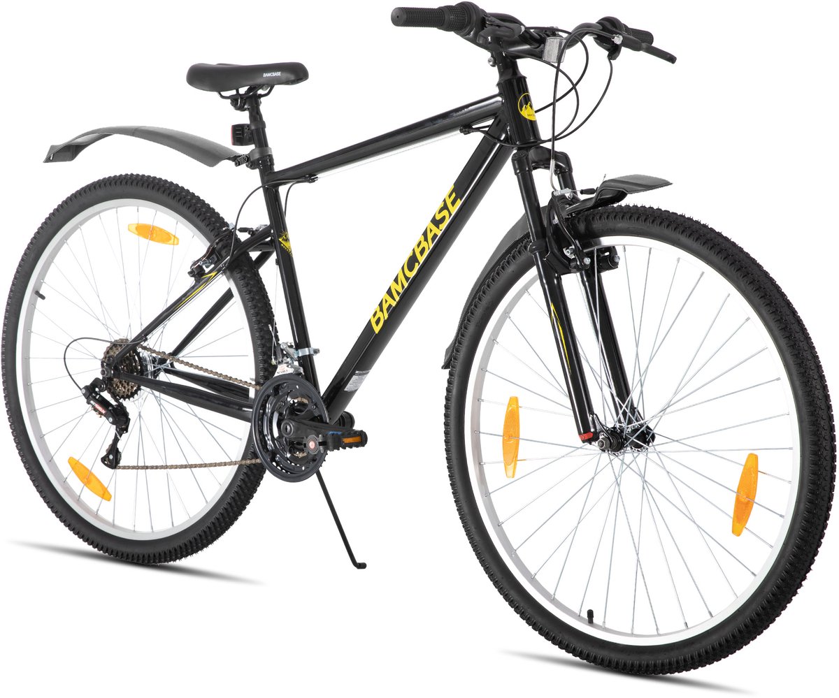 BAMCBASE Agave Voorvering Mountainbike - 29 inch - Carbonstalen Frame - 18 Versnellingen - Handrem - V-Brake - Spatborden - Grijs - Geschikt voor buitenactiviteiten in de lente