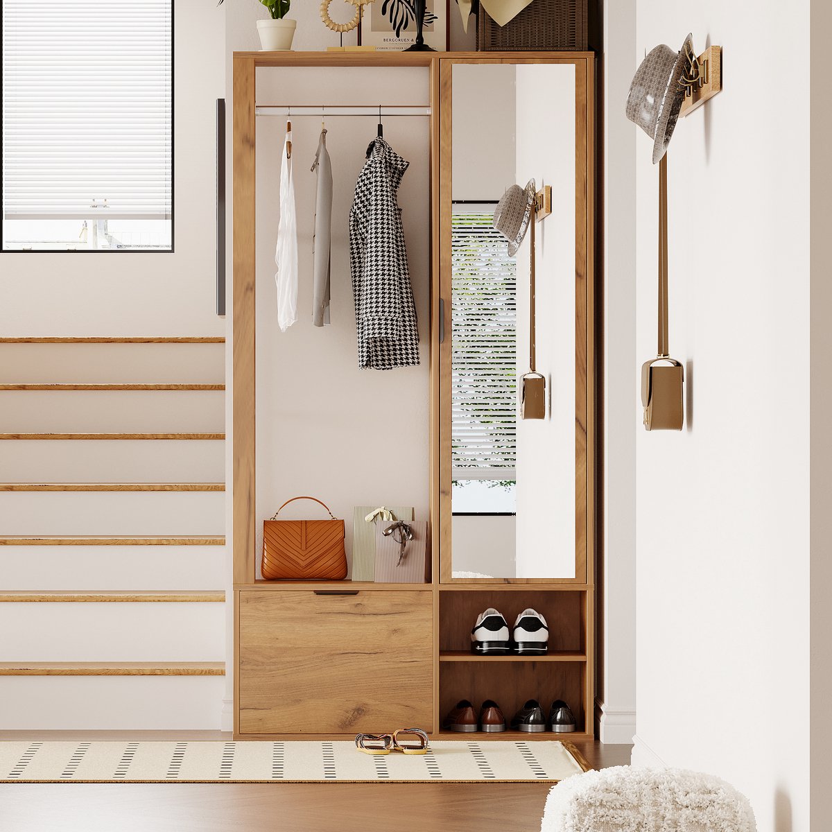 COVREO Kledingkast 100 x 33 x 190 cm, naturel houtkleur, met spiegel en hanggedeelte
