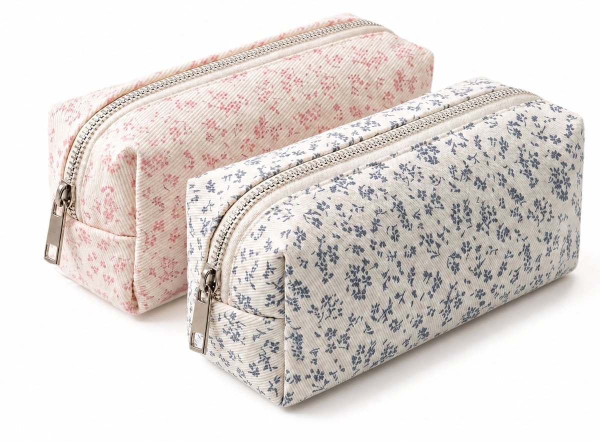 VHV - Grote Etui met Bloemenprint - Set van 2 - Esthetische Pennenzak voor Meisjes - Grote Capaciteit Stationery Pouch - Schoolspullen & Make-up Tas