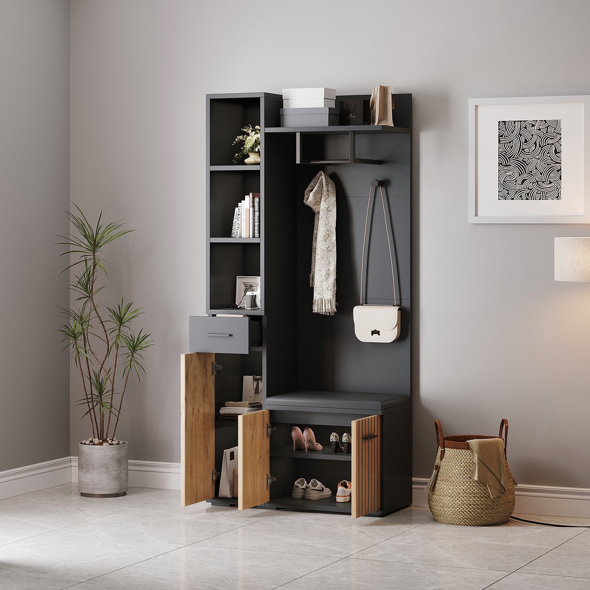 COVREO Kledingrek 80x35x175 cm zwart-houtkleur, spaanplaat met schoenenbank
