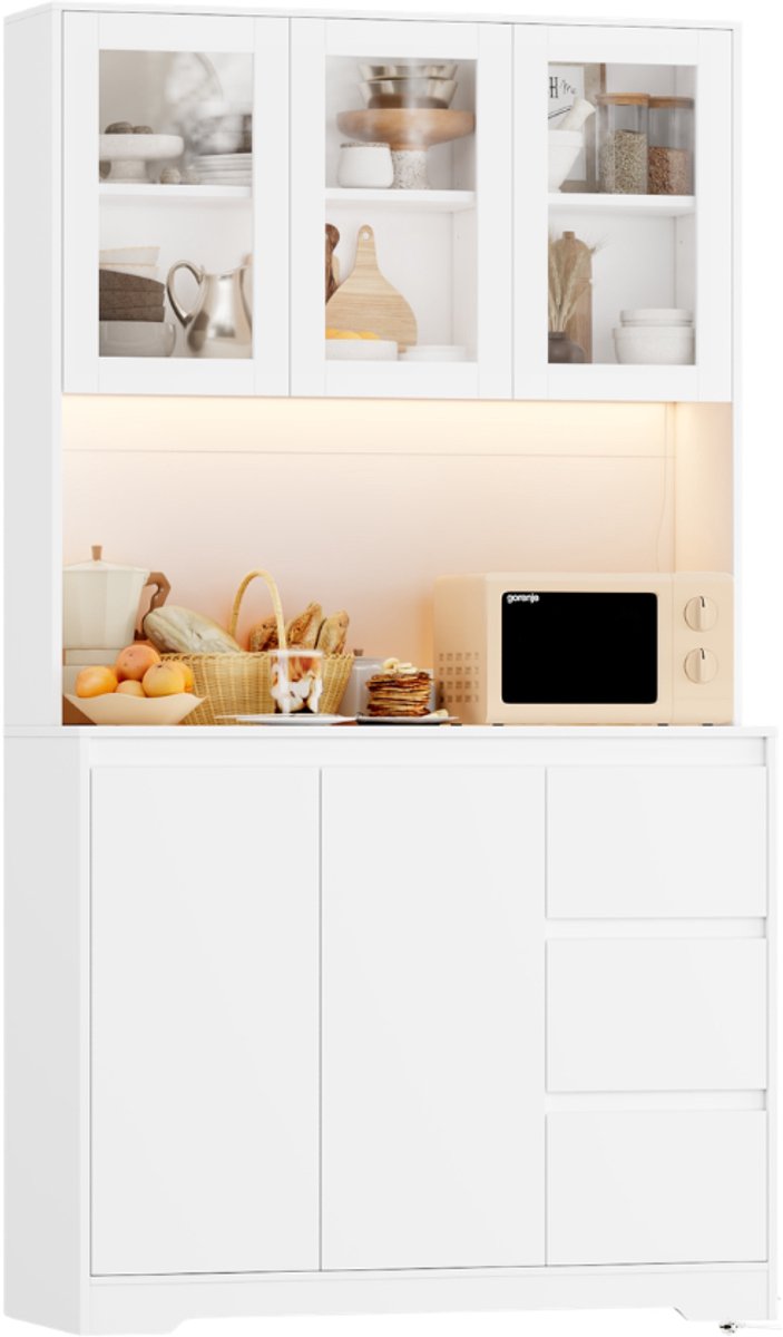 Getone Kitchen Sideboard – Voor Keukenopslag en Organisatie – Met LED, Stopcontact en Verstelbare Planken – 180cm Hoog, 100x38,6cm, Wit