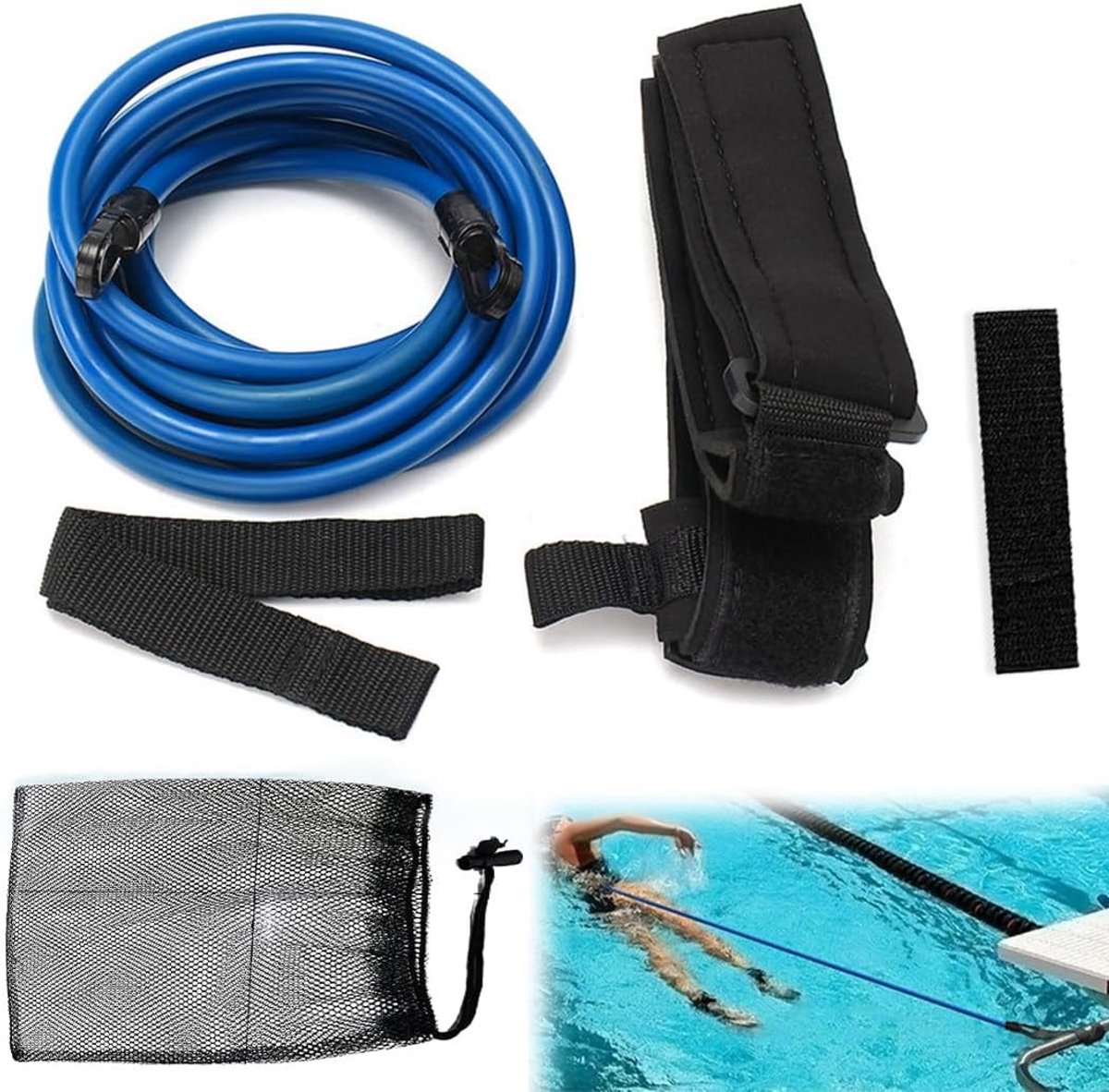 Zwemring voor het zwembad, blauwe kleur, 3 meter | TPE weerstandsband, lasbaar tot 6 meter, voor training van uithoudingsvermogen en kracht in het water