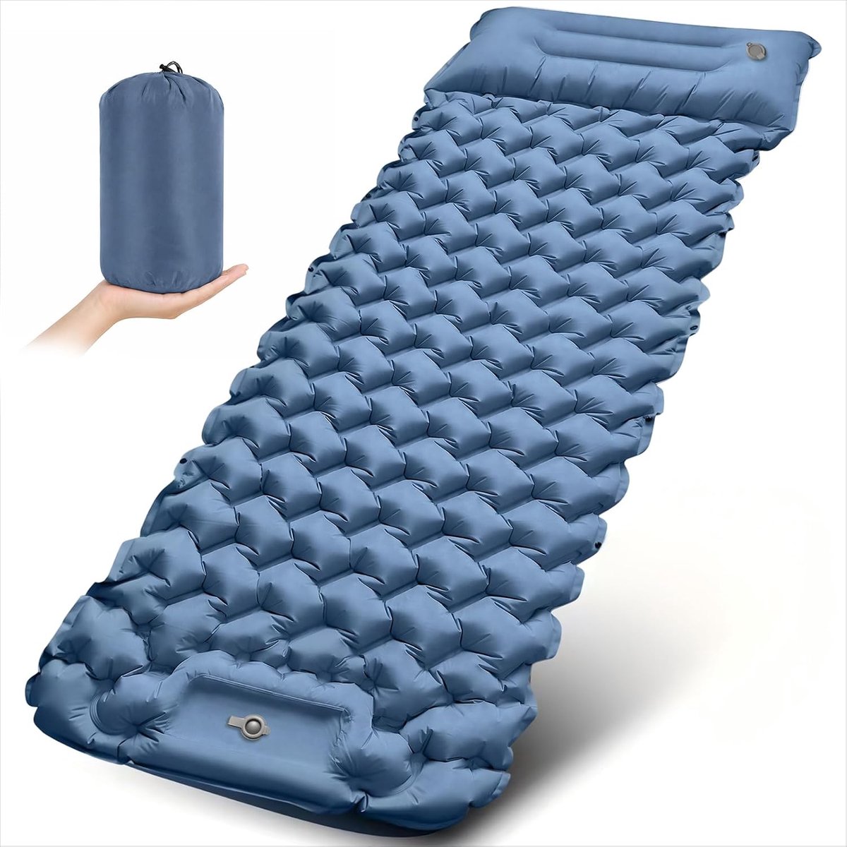 SnelShoppen - Campingmat Ultralicht Opvouwbaar Draagbaar Eenpersoonsmatras met Kussen en Voetpomp - Slaapmatten voor Camping, Strand, Outdoor - Blauw
