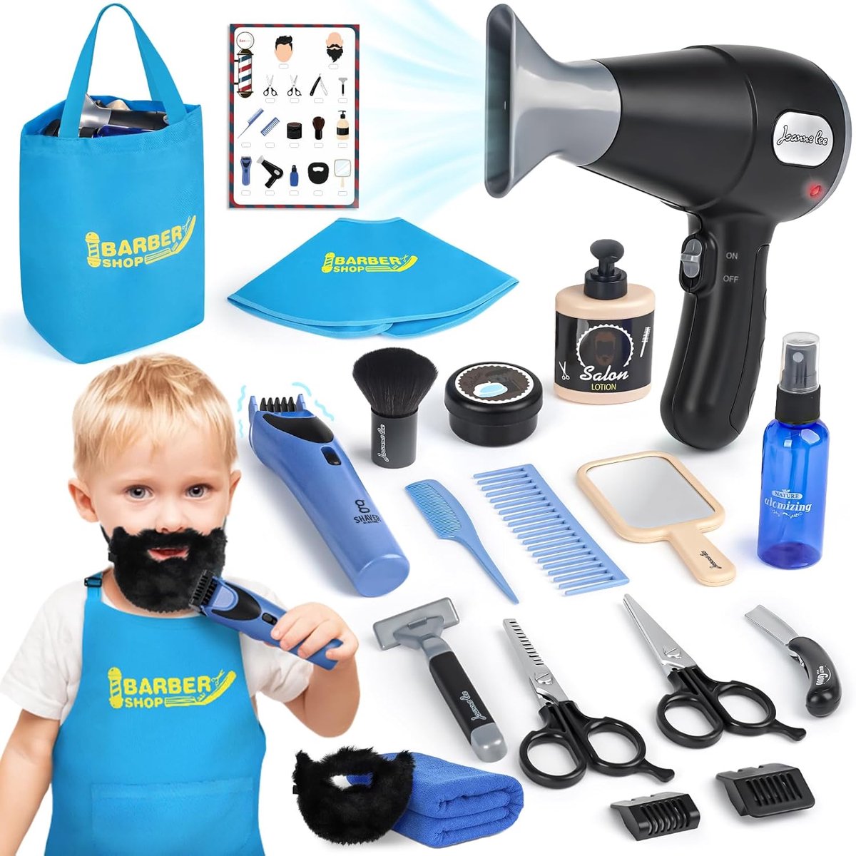 Barbershop Pretend Play Toy, Children Shaving Set for Boys from 3 years with hair dryer and electric shaver, tool - SnelShoppen