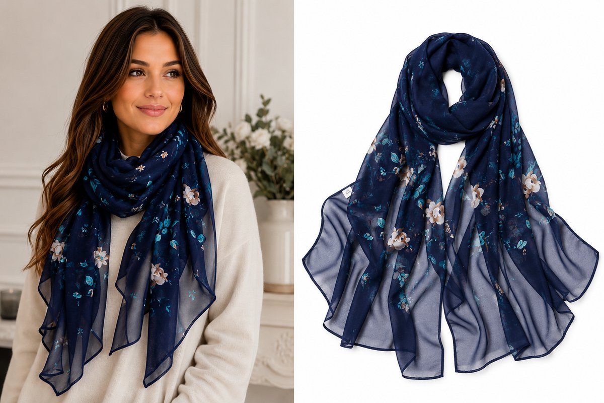 Dunne Zomersjaal Dames – Donkerblauw met Bloemen – Lichte Sjaal – Omslagdoek voor Feest & Dagelijks Gebruik – 160 x 50 cm