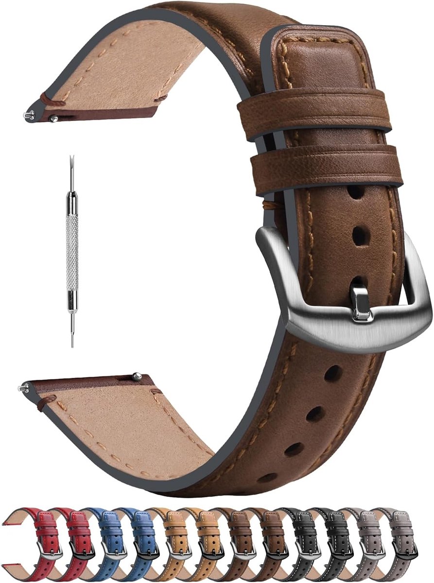 6 kleuren gepolijste horlogeband 18/20/22 mm, leren armband YOLA met D-vormige gesp voor dames en heren