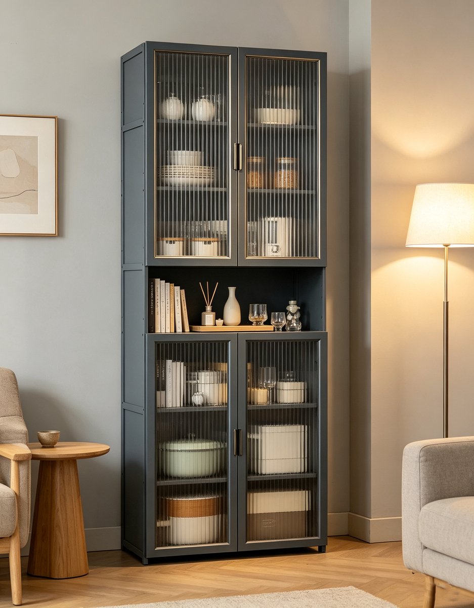 Deze vrijstaande kast met 7 lagen heeft glazen deuren en is geschikt als opbergkast voor keukengerei multifunctionele kast/plank voor serviesgoed De afmetingen zijn 60*30*175 cm