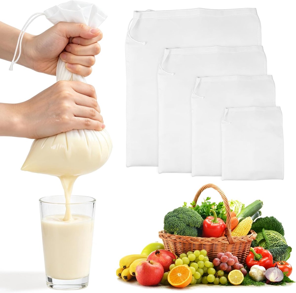 4 stuks filterzakken, nylon kaaszakken, herbruikbare plantaardige melkfilter, voor groente- en fruitsap, koffie, havermelk, plantaardige melk, 4 maten