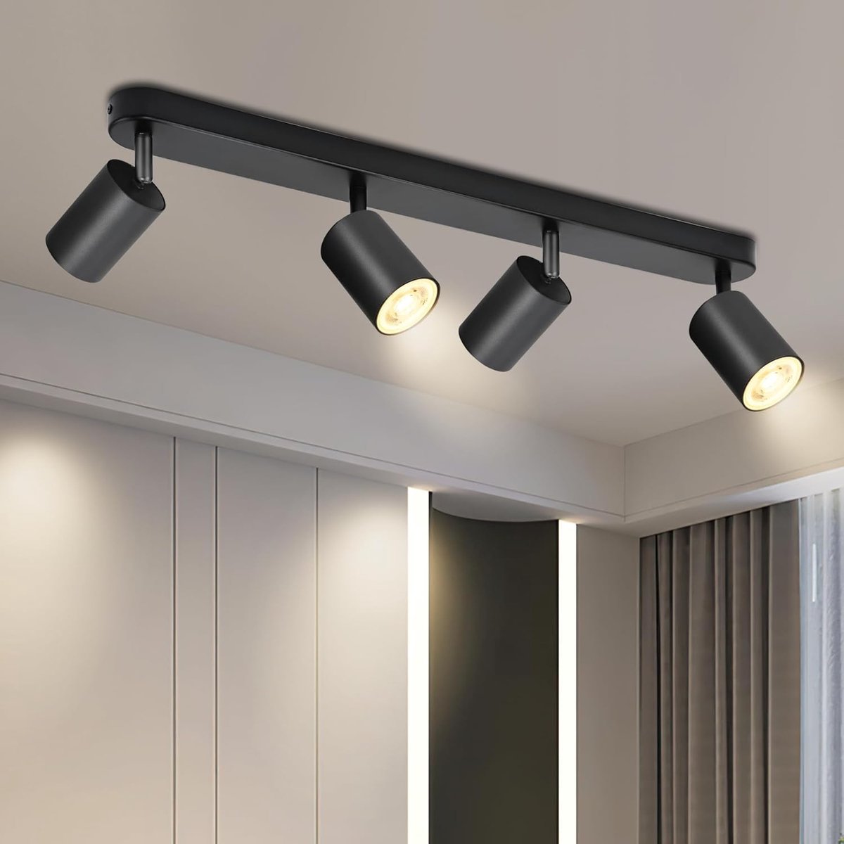 Plafondlamp, led, zwart, 4 spots, moderne plafondverlichting, 350 graden draaibaar, GU10, voor keuken, slaapkamer, zonder lampen | Plafondlamp, GU10, led-wandspot, draaibaar, spotlight, keukenlamp, plafondspots voor woonkamer, hal, zonder lamp