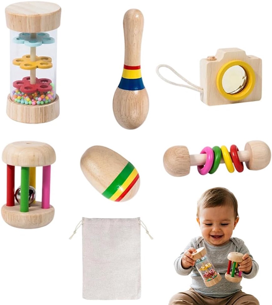 Houten rammelaar, 6 stuks, Montessori speelgoed met regenmaker, baby, maracas, caleidoscoop, zintuiglijk speelgoed van hout vanaf 0-12 maanden, BPA-vrij, grijpspeelgoed, cadeau voor