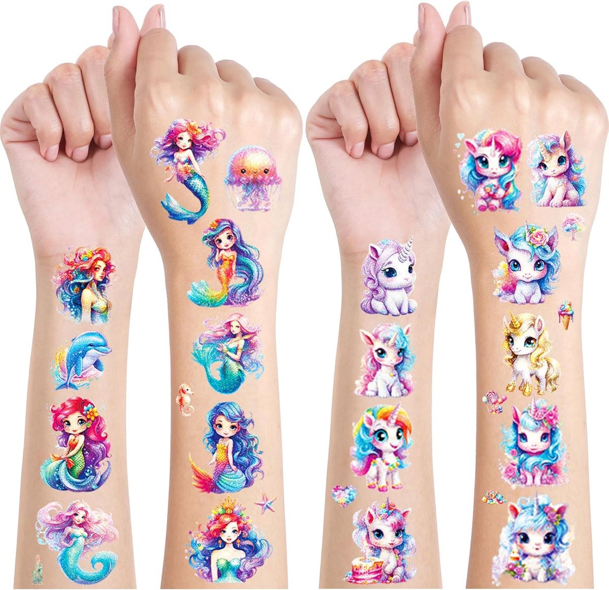 Tattoo Set, 12 Vellen Eenhoorn & Zeemeermin Tijdelijke Tatoeages voor Kinderen, Waterdichte Nep Tatoegeringsreeks Met, Feestdecoratie, Tatoeagestickers voor Gongens en Meisjes