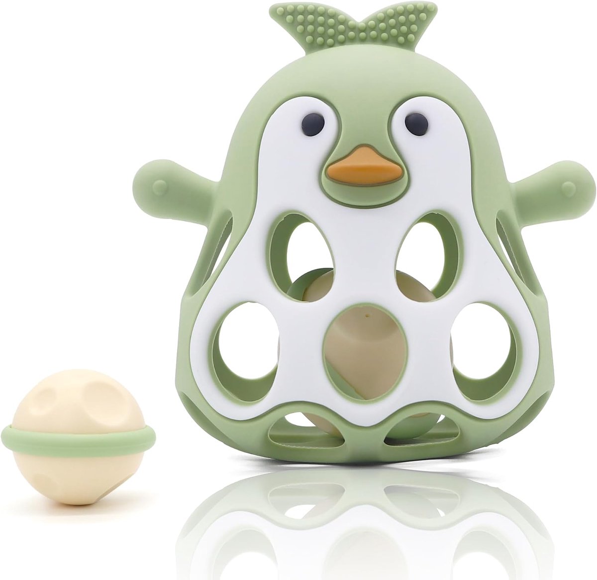 Pinguïn rammelaar, bijtring baby & Montessori speelgoed, motoriekspeelgoed, babyrammelaar voor 3 maanden, babyspeelgoed vanaf 3 maanden, cadeau voor jongens en meisjes (olijf)
