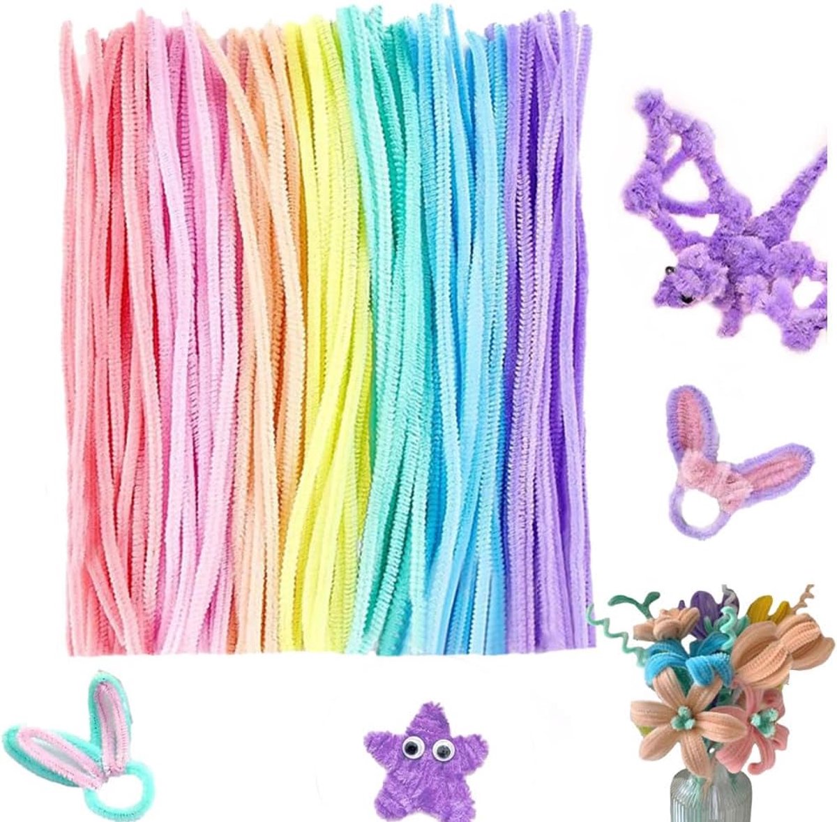 100 stuks, chenille-staven, meerkleurig, pijpreiniger, voor creatieve kerstdecoraties en handwerk, 6 mm x 30 cm