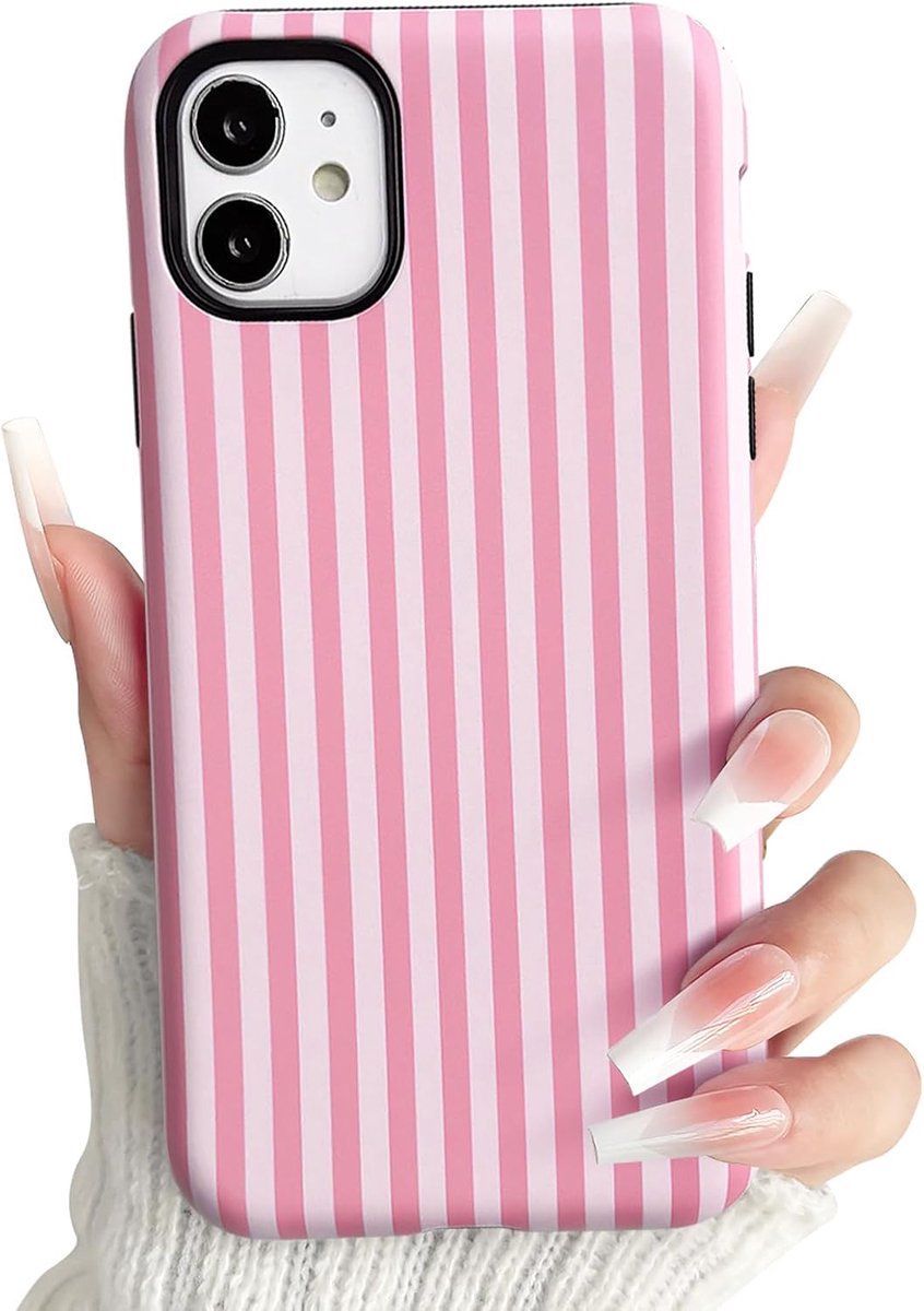 Telefoonhoesje voor iPhone 11 Schattig Gestreept Strepenmotief Patroon Esthetisch Zomer Case voor Meisjes Tweelaags 2-in-1 Siliconen Schokbestendig Beschermhoesje - Roze