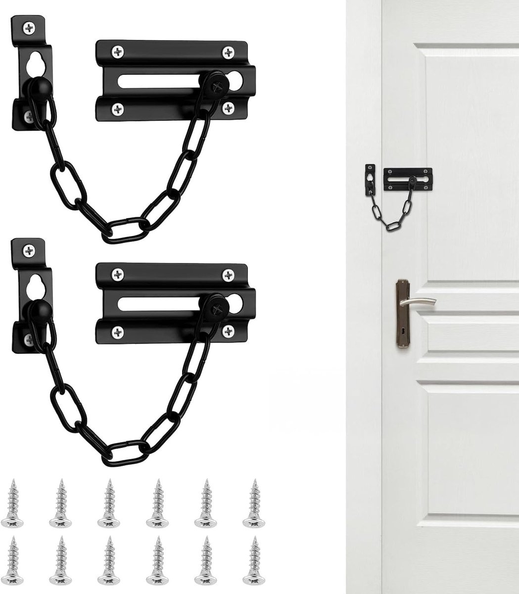 Kettingslot voor deuren, 2 stuks, zwart | Robuuste, verdikte kettingsluiting, deurbescherming, veiligheidsslot voor huis, hotel, binnendeuren en ramen