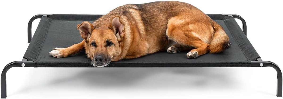 lionto Outdoor hondenligbed verhoogd, stabiel huisdierenligbed met goede luchtcirculatie beschermt tegen bodemkou, (L) 114x76 cm, afneembare hoes van ademend gaas, stevig metalen frame, zwart