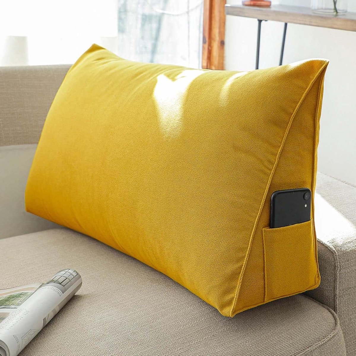 Bolster Kussen - Lendensteun Kussen - Comfortabel Lezen - Zijvak voor Telefoon - 80x35x20cm - Geel