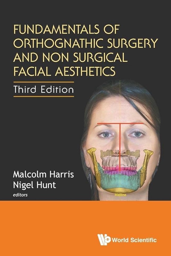 Couverture du livre : 'Fundamentals of Orthognathic Surgery and Non Surgical Facial Aesthetics', Troisième Édition, avec une image d'un visage présentant des marquages chirurgicaux.