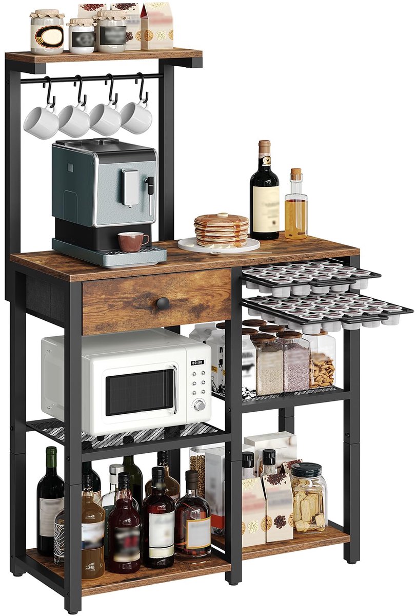 Keukenkastje met Lade en Koffiecapsulehouder, Koffiestandaard met 4 Verdiepingen, Keukenkastje, Koffiebar-Kastje in Industriële Stijl voor Keuken, Woonkamer en Kantoor, XKF60BRY1