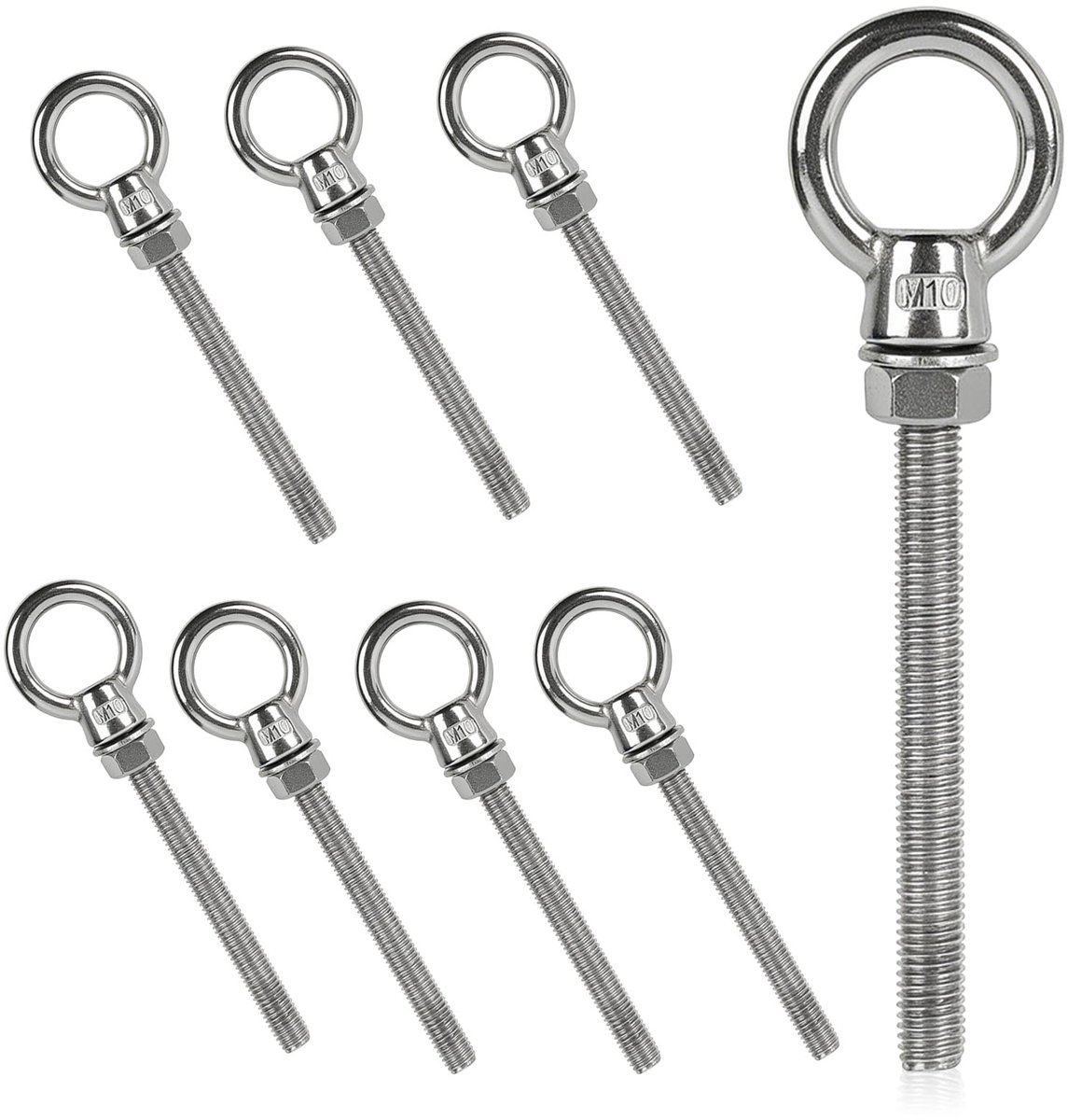 lang, M10 x 100 mm, M6 oogschroef roestvrij staal, 8 stuks oogschroeven met sluitringen en zeskantmoeren, roestvrij stalen oogbouten, lange ringschroef voor hangmatten, luifels, vaste