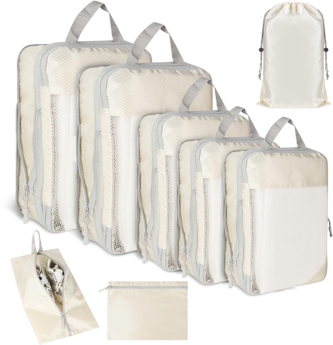 Koffer, beige verpakkingskubussen, organizerset, koffer, waterdichte kubussen voor op reis, organizer voor koffer met kledingtassen, schoenentas