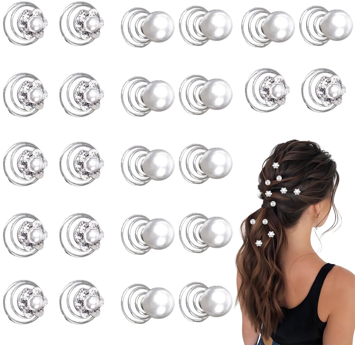 Haarspiralen, zilverkleurig, diamantparels, bloem, juwelen, accessoires, spiraal, bruiloft, bruidsfeest, 2 stijlen