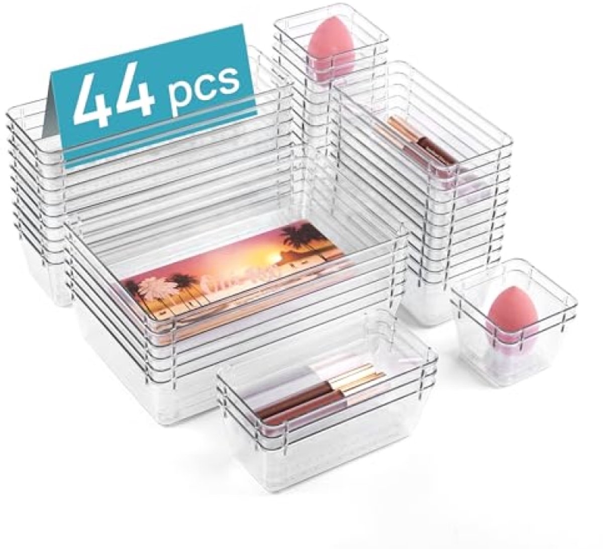 Huis Geluk Set met 44 stuks lade-organizers, transparante kunststof opbergbakken in 4 maten - voor make-up, keukengerei, kantoorbenodigdheden en sieraden