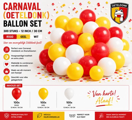 Ballonset met 300 rode, gele en witte ballonnen (30 cm), "Carnaval Oeteldonk" tekst.