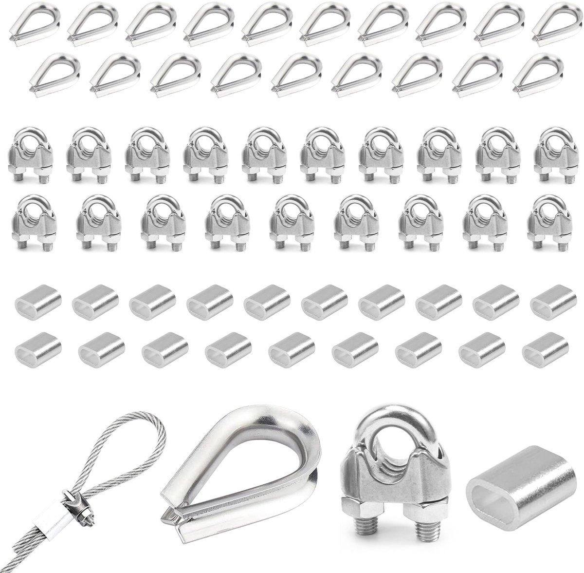 60 stuks kabelklemmen M3 set, 304 roestvrij staal 20 draadkabelklemmen 3 mm & 20 aluminiumhulzen & krimphulzen kabelklemmen voor draadkabels waslijnen luifels accessoires