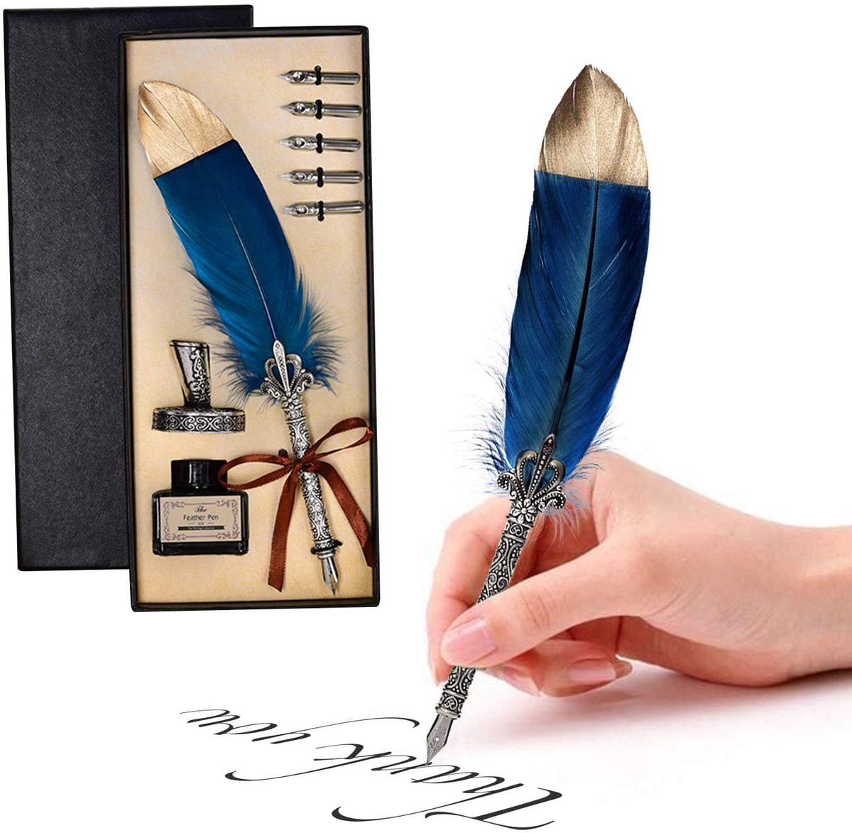 Pen, handgemaakte ganzenveer set antieke kalligrafie schrijfveer pen met inkt, veerpen met inkt en stalen tips kalligrafie set, 6 vervangende penpunten/bevat inkt (marineblauw)