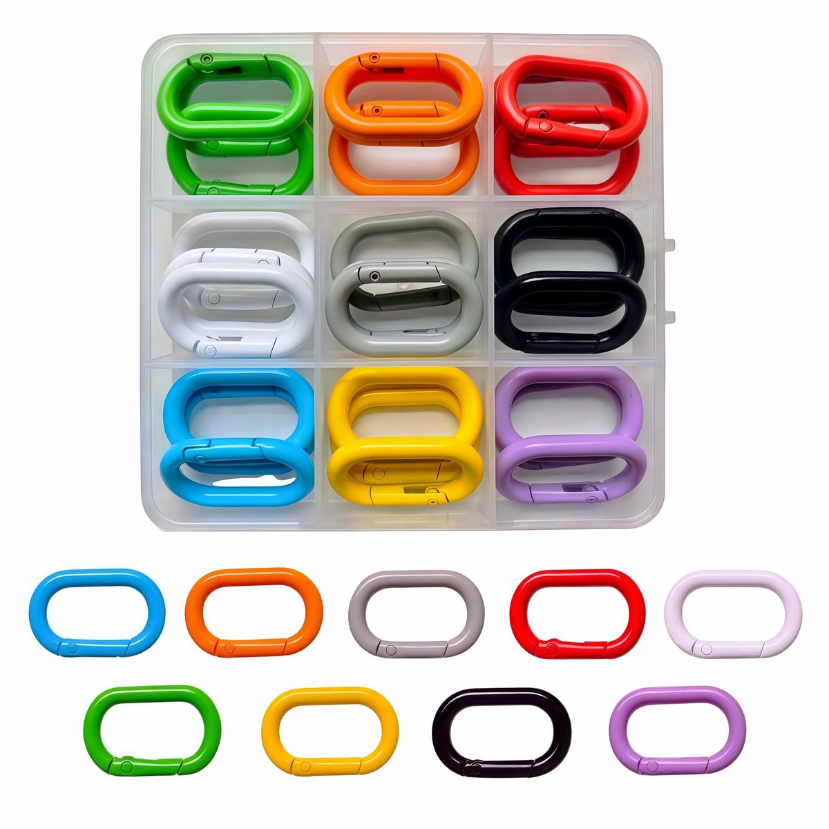 27 stuks ovale veerkarabijnhaken kleine metalen ringkarabijnhaak mini gesp clip veer karabijnhaak set voor sleutelhanger, rugzak, camping, wandelen, DIY (incl. opbergdoos)