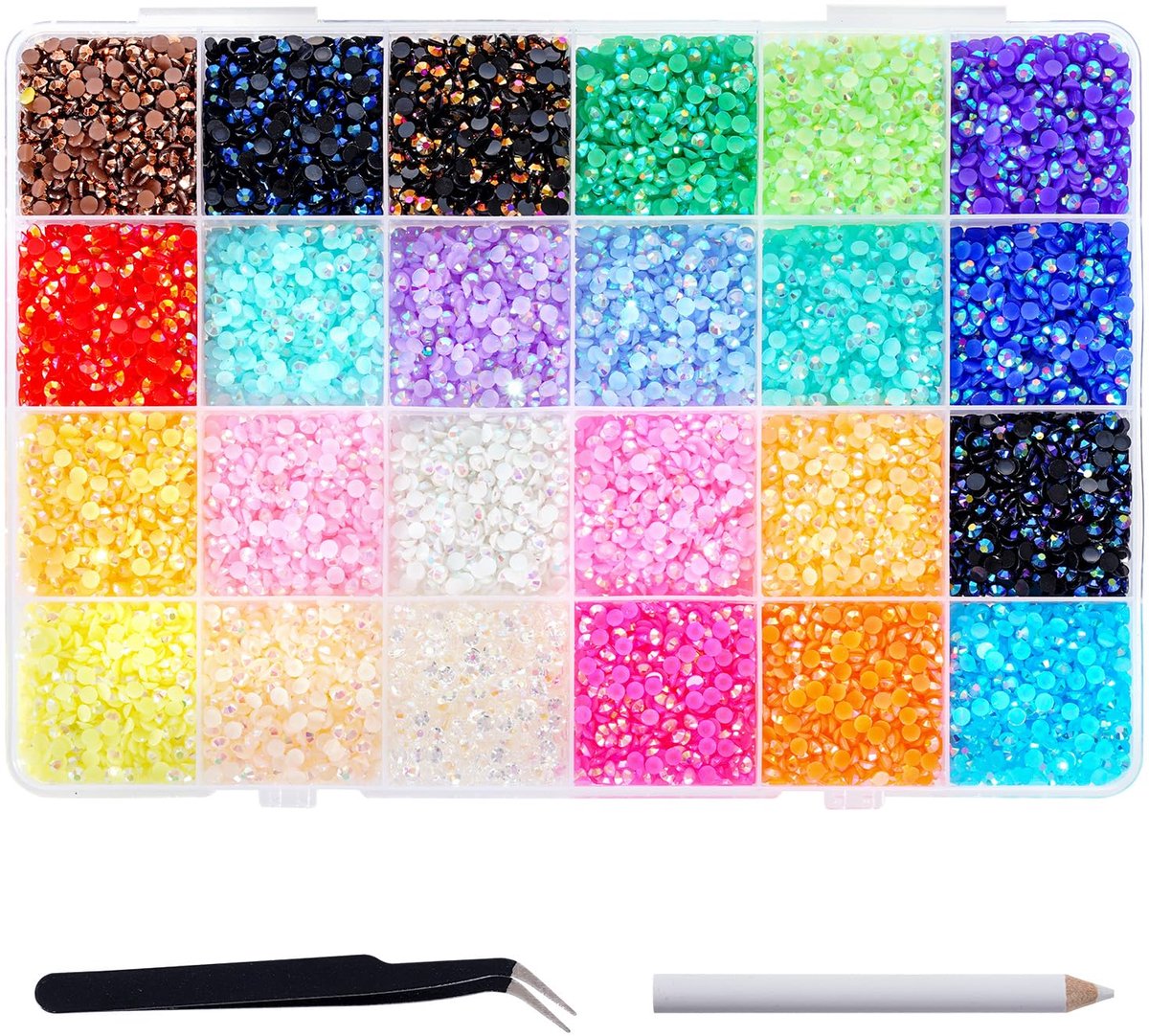 9600 stuks strass-steentjes voor nagels, 24 kleuren, 5 mm, glitterstenen om te knutselen, ronde glitterstenen met pincet en stift, Bedazzler-kit voor doe-het-zelf handwerk, nageldecoratie (5 mm)