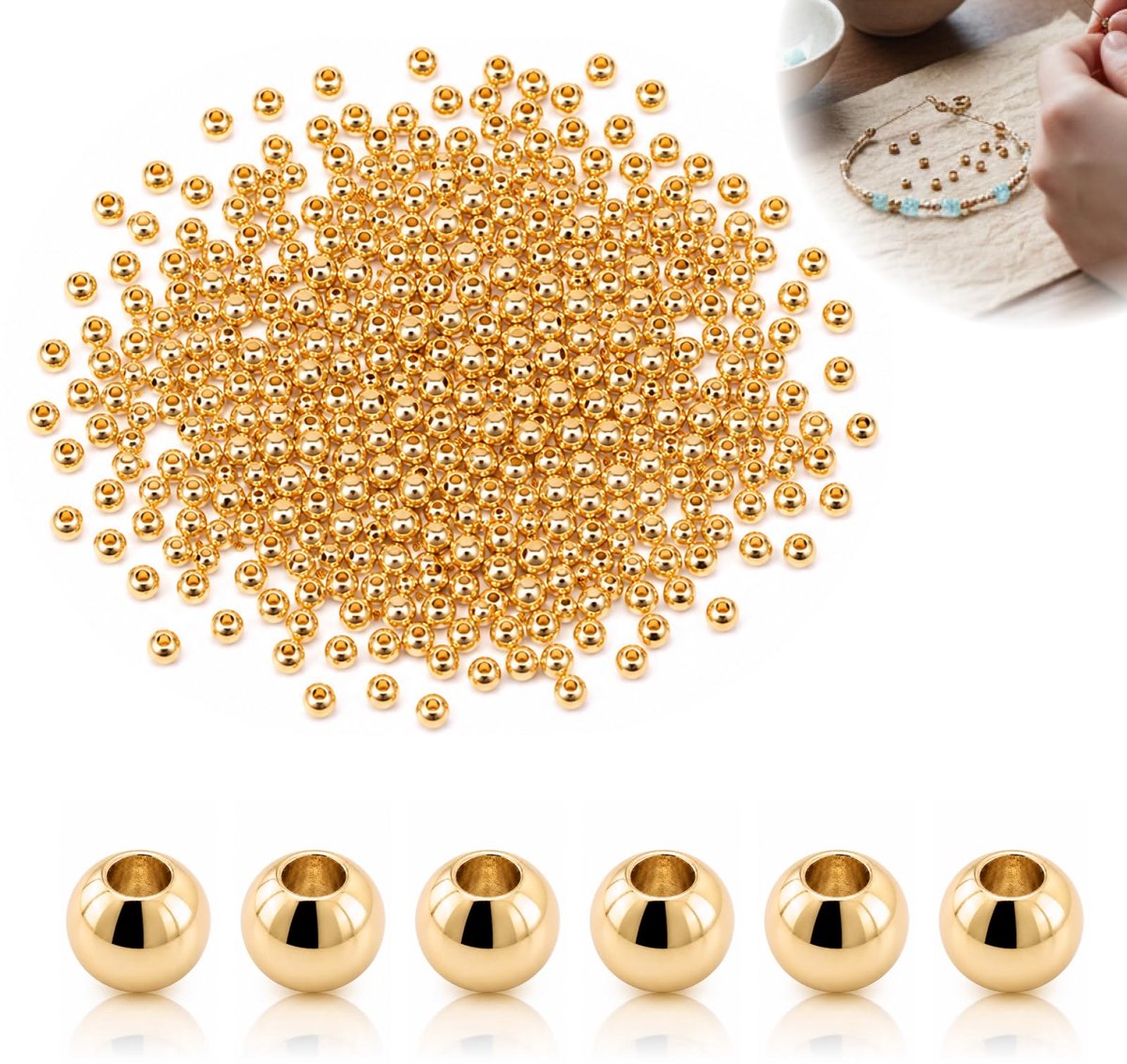 kralen 3 mm 300 stuks 14K goudkleurige afstandskralen ronde messing sieraden kralen spacer beads voor armband ketting oorbellen sieraden maken DIY hobby accessoires set
