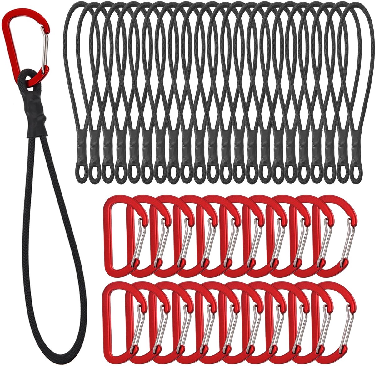 Elastische touwen met karabijnhaak, 20 cm elastisch touw voor dekzeilen, elastische haken, rubberen spanners voor bevestiging van dekzeilen en gordijnen (20 stuks)