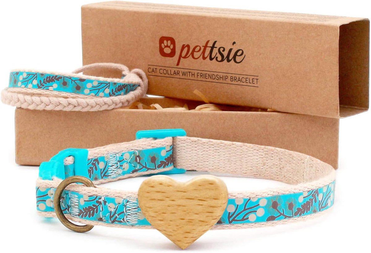 SnelShoppen - Verstelbare Kattenhalsband Roze met Hart en Veiligheidssluiting, Turquoise | Hart van Beukenhout, D-ring voor Accessoires, 100% Katoen,