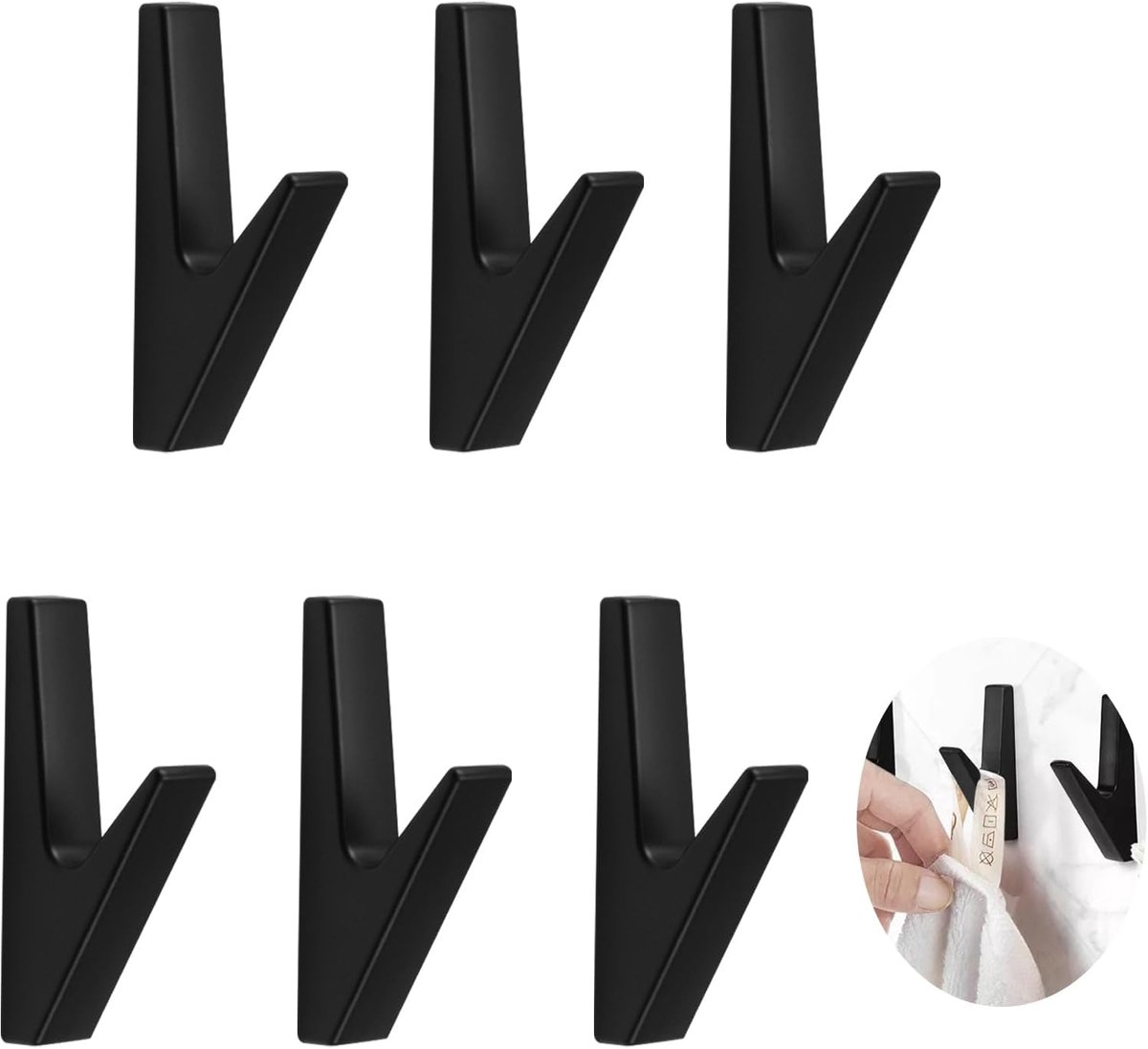 SnelShoppen - Set van 6 Mat Zwarte Garderobehaken - Kledinghaken van Zinklegering voor Badkamers, Keukens, Foyers en Gangen - Wandhaken voor Akoestisc
