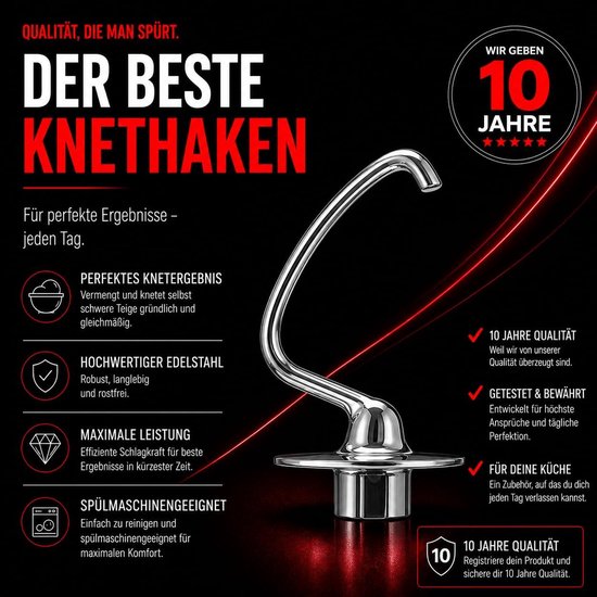 Kneedhaak Keukenmachine - Deeghaak Mixer - Deeg Maken - Roestvrij Staal - 4.3L 4.7L 4.8L - Zilver — afbeelding 5