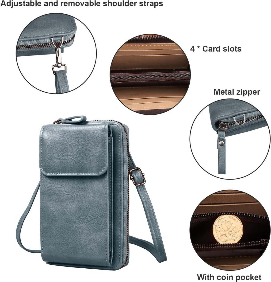 Schoudertas voor dames, PU-leer, mobiele telefoontas om te hangen met portemonnee, kaartvakken, crossbody schoudertas, portemonnee, kleine tas