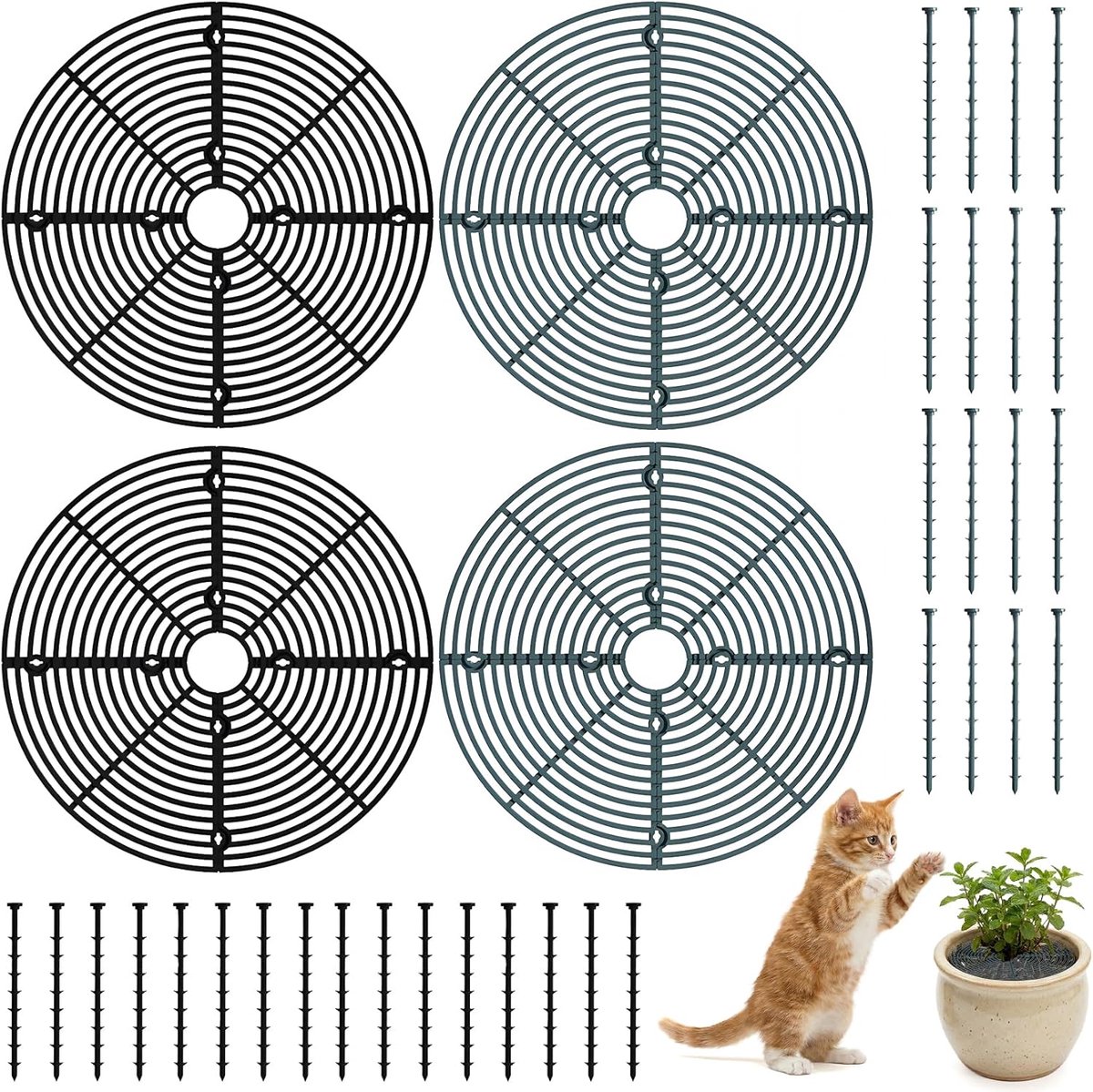 4 stuks bloempotrooster, 30 cm, plantenbescherming, kat, PP-materiaal, bloempotafdekking voor planten, bloempotrooster met verlengde bevestigingspen, beschermt planten tegen kinder