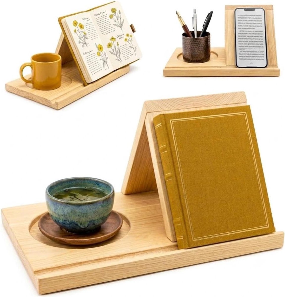 Boekenstandaard van hout, driehoekig leescult, voor boeken, tablets en e-readers, lezen, boekenkast en nachtkastje, boekenhouder voor bureau, cadeaus voor leesatten