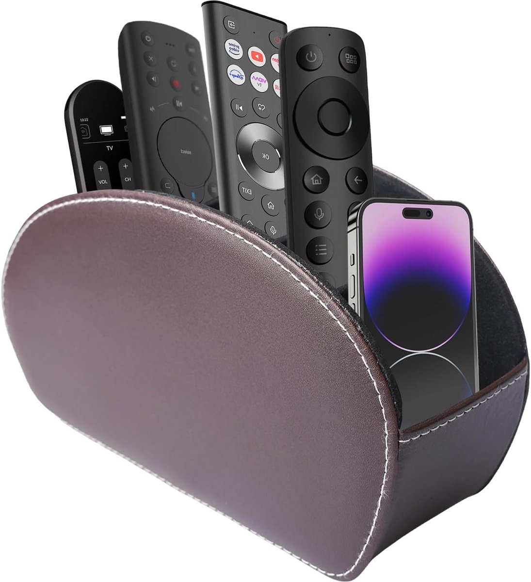 Afstandsbedieninghouder met 5 compartimenten: PU-lederen bureau-organizer, grote houder voor tv, dvd, 4K-stick en Bluray-afstandsbedieningen, met suède voering, opslag voor