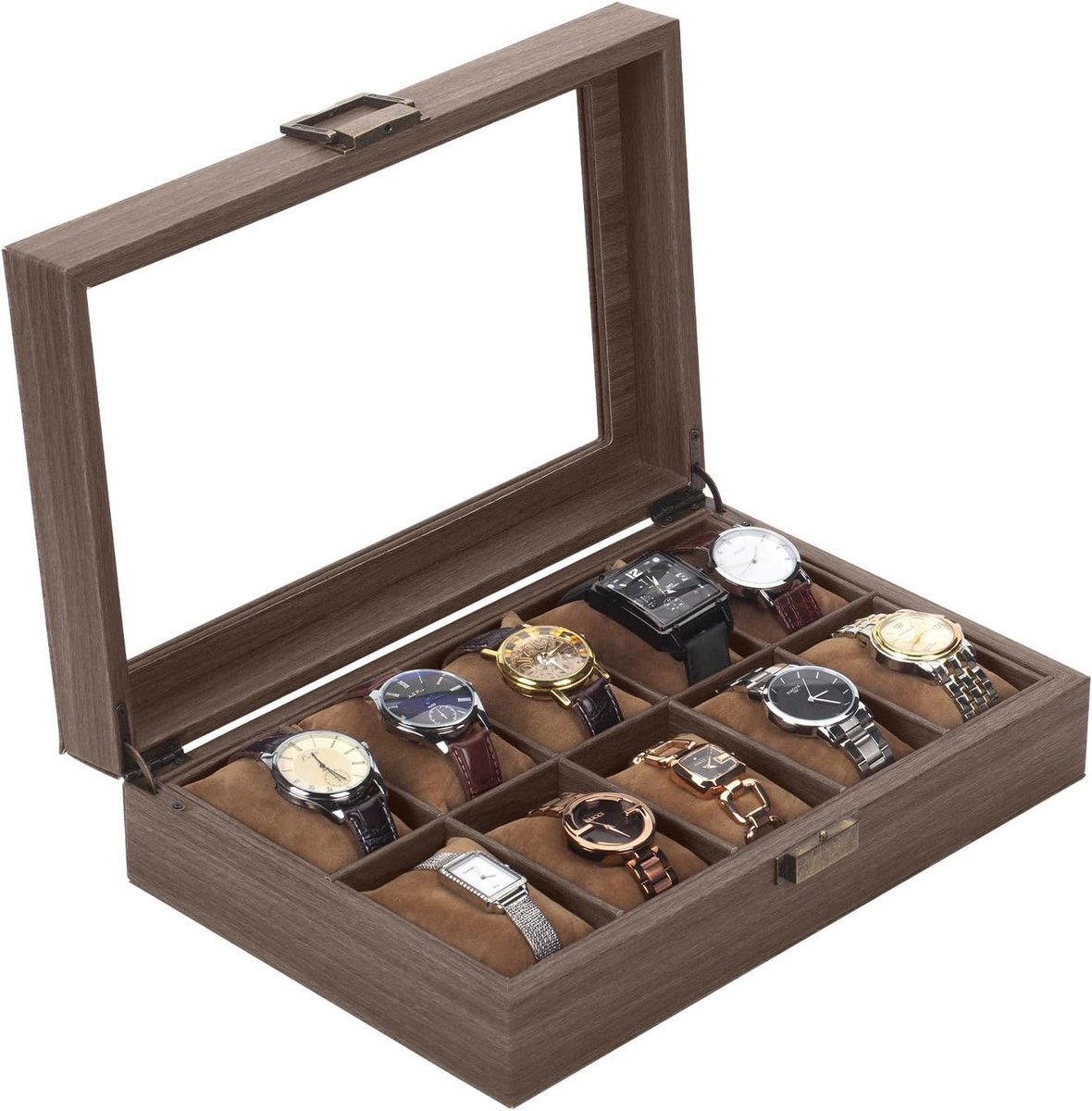 Horlogedoos van hout met 10 vakken, displaybox, opbergbox, horlogekist, horlogekussen, horlogekluis, PU-leer voor glazen deksel, horlogeopslag, geweldig cadeau voor dierbaren (33*21.5*8.5cm)