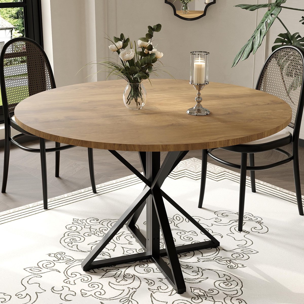 Moderne horeca-eettafel – 120 cm rond, stevig K-vormig metalen onderstel, spaanplaat blad, ruimtebesparend, geschikt voor commercieel gebruik, verkrijgbaar in zwart of bruin