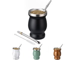 Kalebas met Bombilla - Moderne Yerba Mate Beker - Kalebasbeker - Mate-thee - 304 dubbellaags roestvrij staal - Yerba mate kalebas theekopjesset - Inclusief een schoonmaakborstel en twee rietjes - Zwart